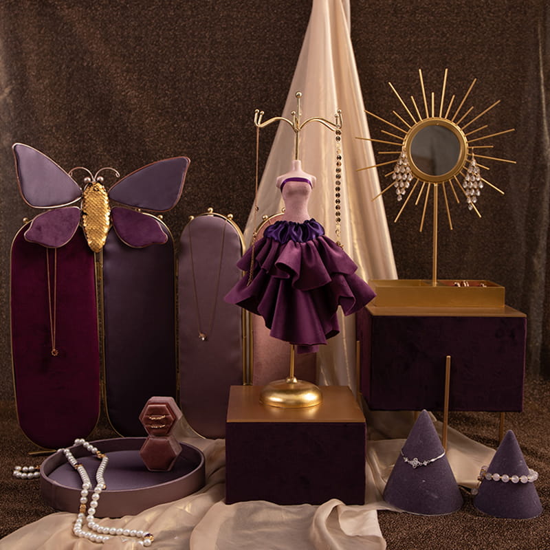 Nový dizajn Móda Fialová Súprava organizéra na šperky Manekýn Súprava stojanov na vystavenie šperkov na náhrdelník Náušnica Náramok
